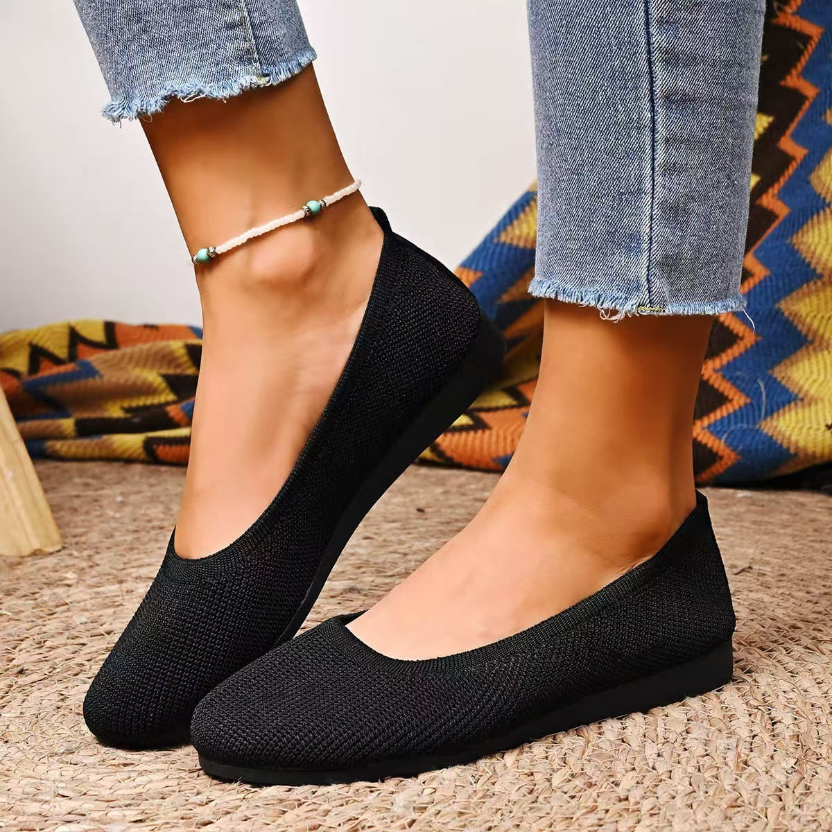 Women’s Knit Slip-On Flats Breathable Comfortable Ballet Flats Low Wedge Casual Shoes