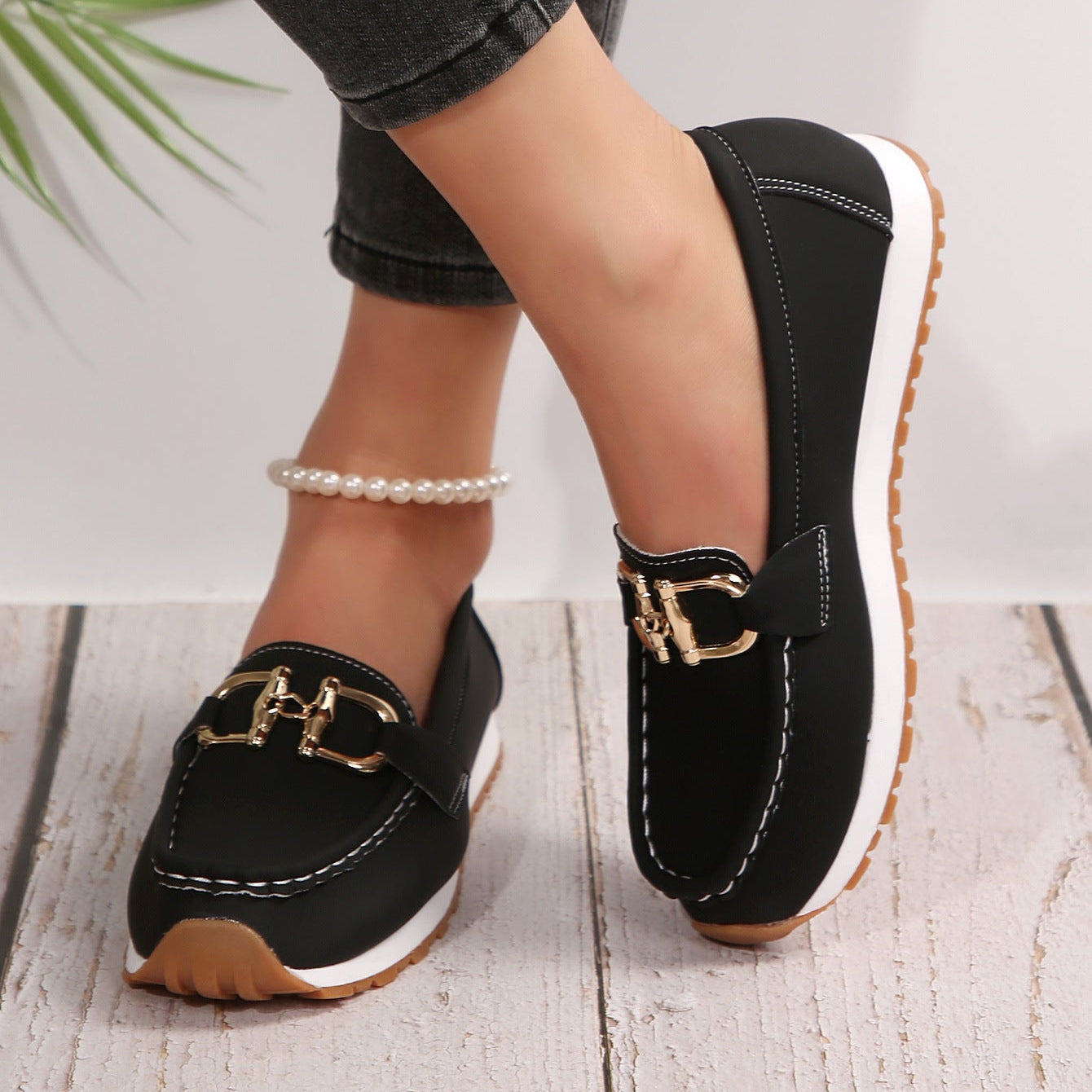 Women's Casual Loafers with Gold Buckle – Comfortable Platform Slip-On Shoes