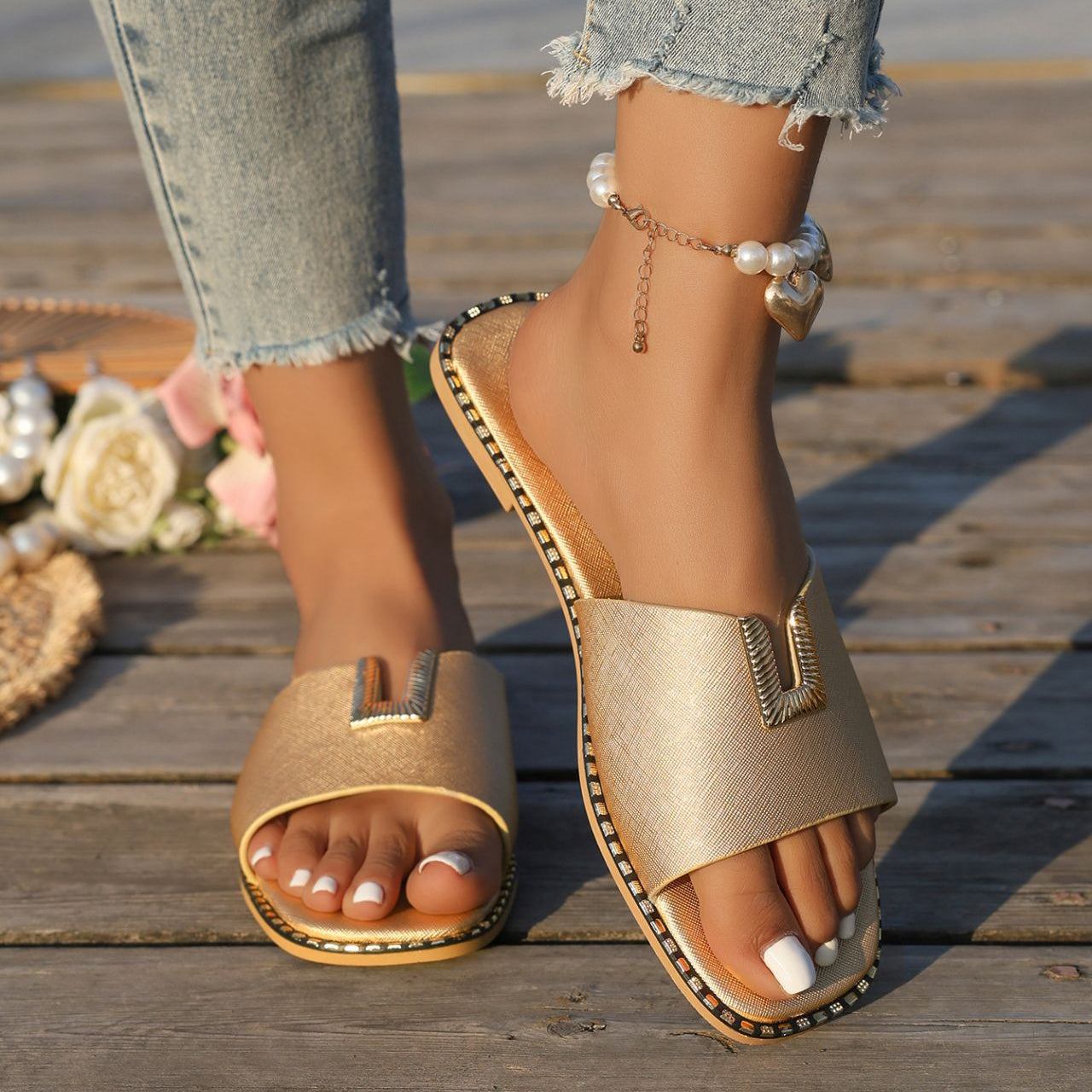 Women's Square Toe Slide Sandals with Gold U-Buckle Ornament – Studded Flat Slippers