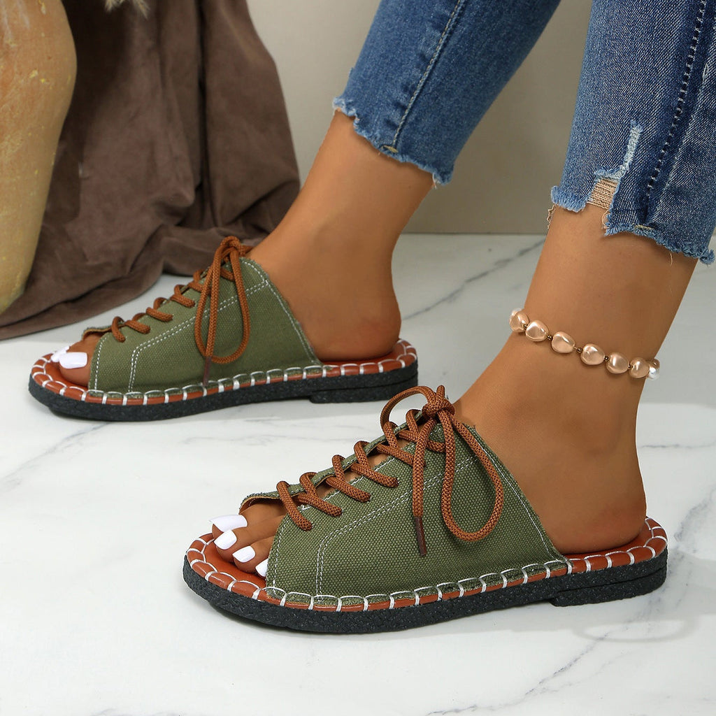 Women's Lace-Up Peep Toe Slide Sandals Casual Comfort Flat Sandals