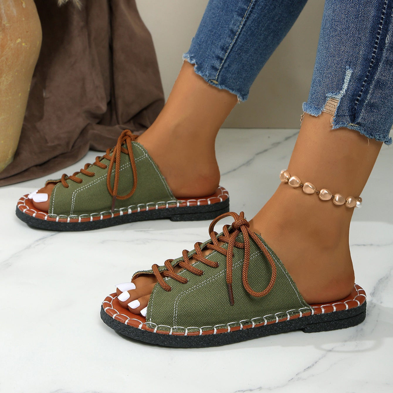 Women's Lace-Up Peep Toe Slide Sandals Casual Comfort Flat Sandals