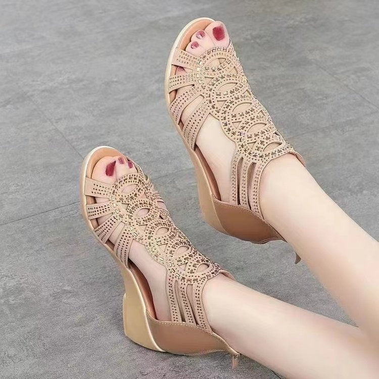 Women Peep Toe Cutout Wedge Sandals Rhinestone Hollow Out Gladiator Style Shoes