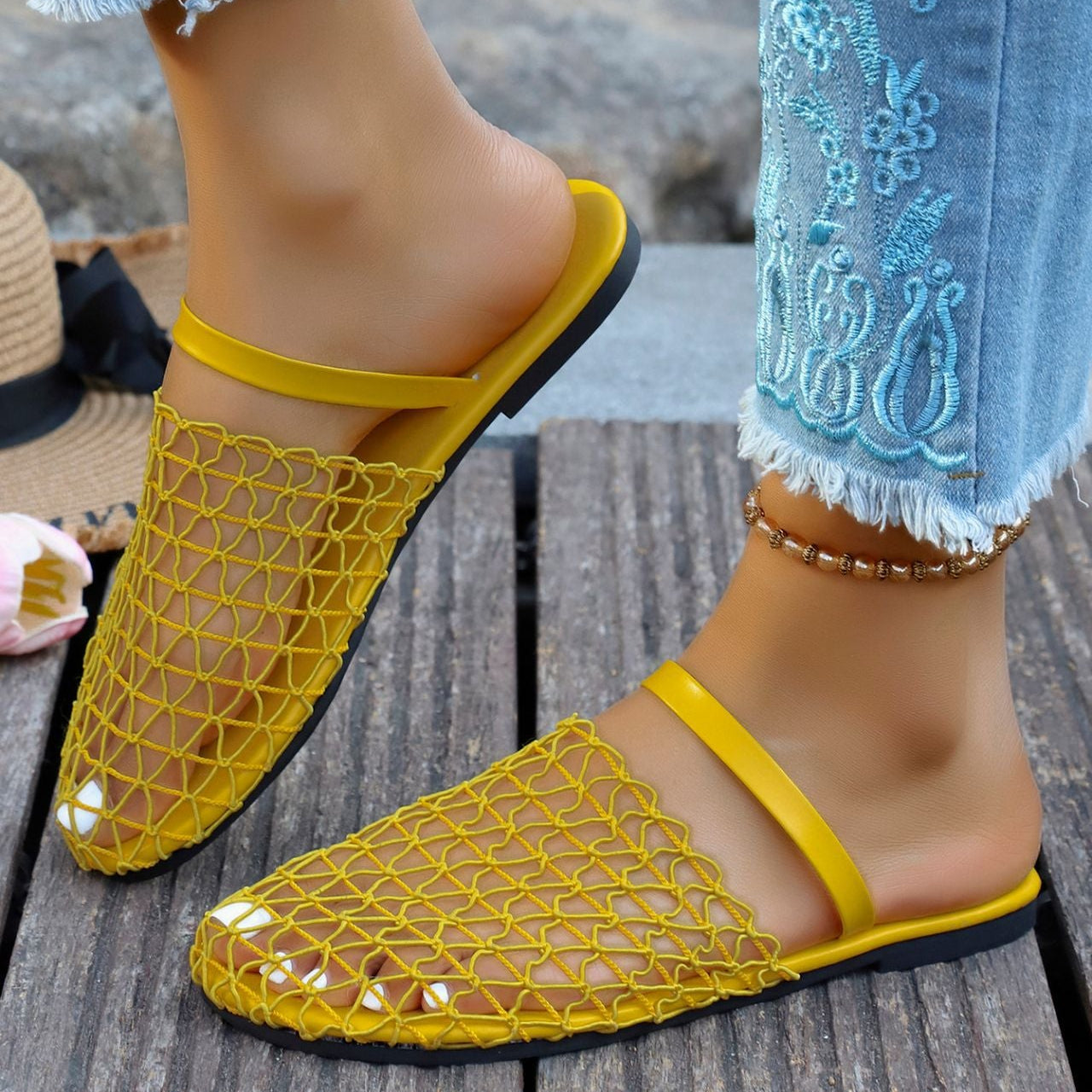 Women's Breathable Mesh Slingback Flat Sandals – Hollow Out Woven Comfort Slip-On Shoes