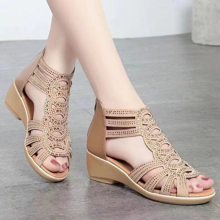 Women Peep Toe Cutout Wedge Sandals Rhinestone Hollow Out Gladiator Style Shoes