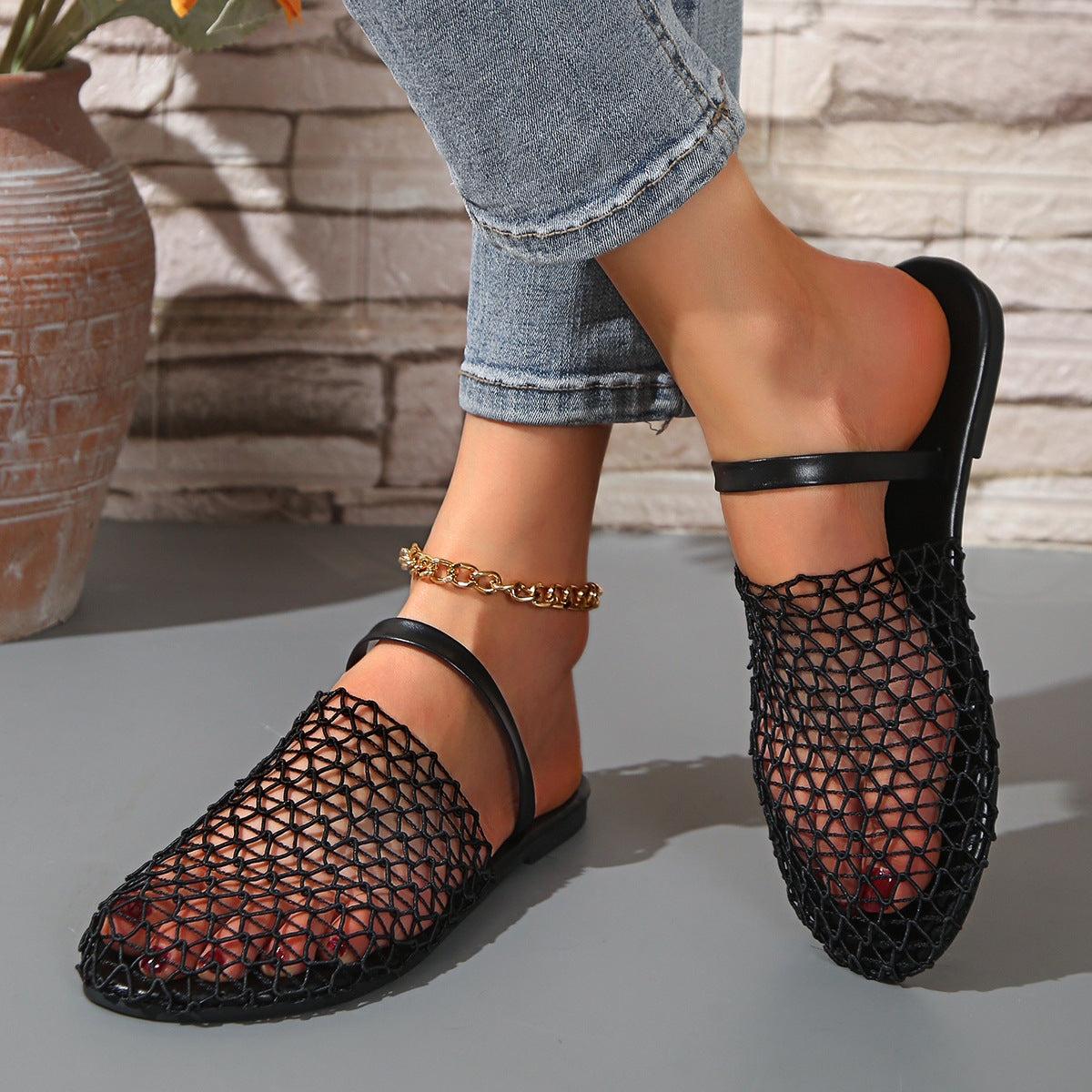 Women's Breathable Mesh Slingback Flat Sandals – Hollow Out Woven Comfort Slip-On Shoes