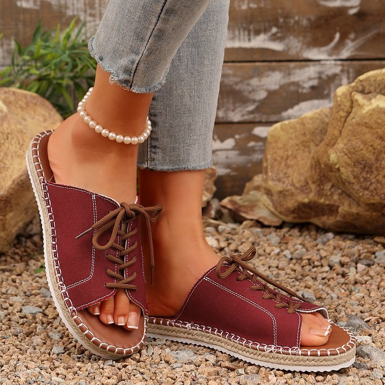 Women's Lace-Up Peep Toe Slide Sandals Casual Comfort Flat Sandals