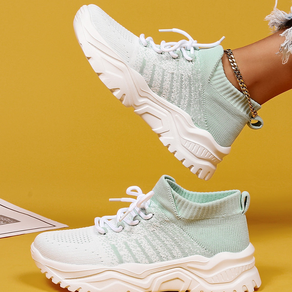 Women Knit Sneakers Chunky Platform Sock Shoes Lace Up Breathable Casual Trainers