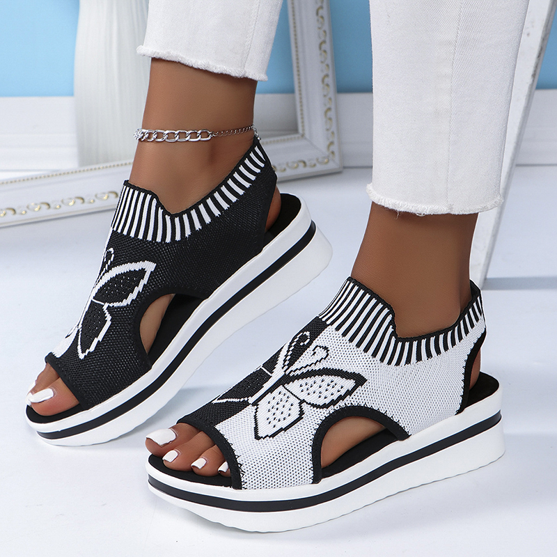 Women's Butterfly Print Knit Slip On Platform Wedge Sandals Open Toe Cutout  Casual  Shoes