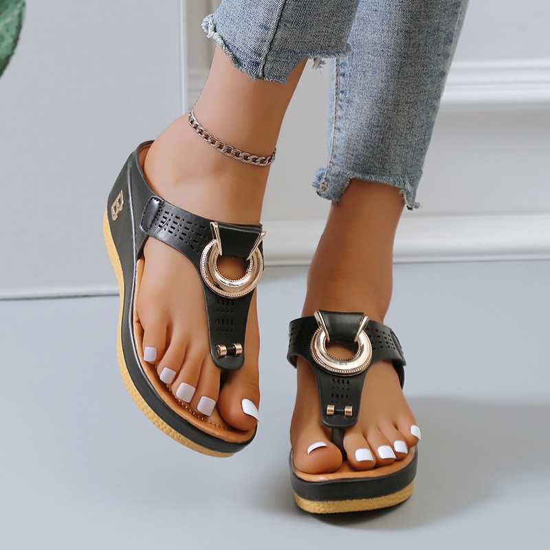 Women's Wedge Platform Flip Flops Metal Ring Decor Open Toe Slip On Summer Outdoor Casual Slippers