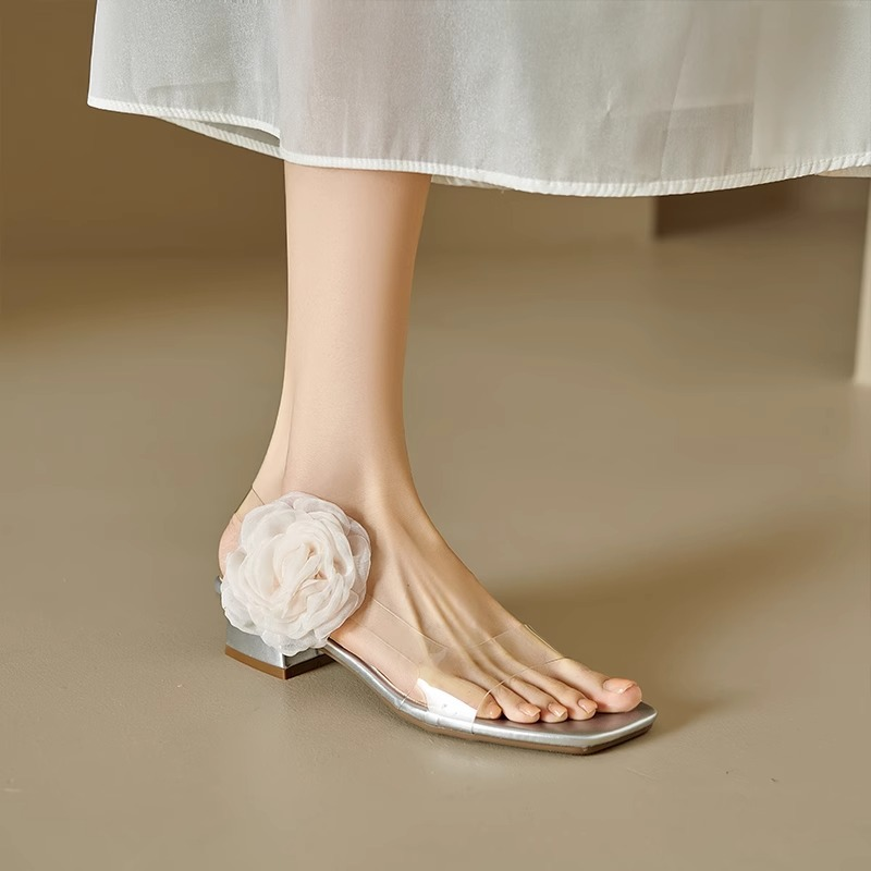Women's Clear Low Heel Sandals with Flower Detail Open Toe Transparent Strap Slide Sandals