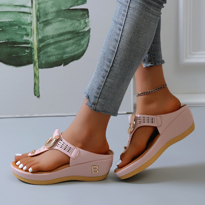 Women's Wedge Platform Flip Flops Metal Ring Decor Open Toe Slip On Summer Outdoor Casual Slippers