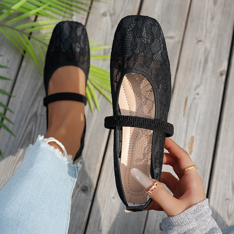 Women's Lace Floral Mesh Everyday Flats – Comfortable Elastic Ankle Strap