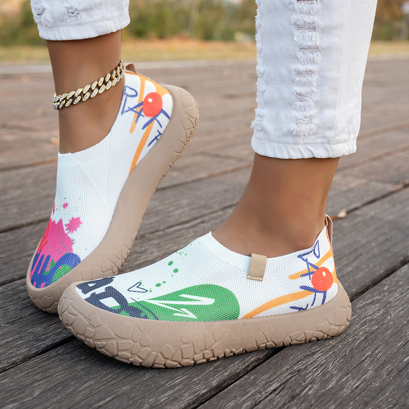 Women's Slip-On Canvas Shoes Casual Graffiti Print Sneakers Breathable Knit Non-Slip Lightweight Walking Shoes