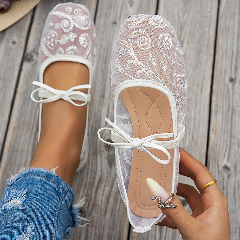 Women's Lace Floral Mesh Everyday Flats – Comfortable Elastic Ankle Strap