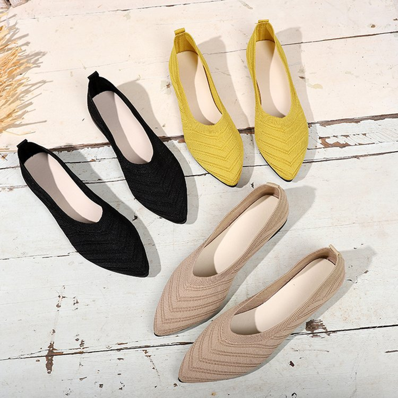Breathable Knit Pointed Toe Flat Shoes Comfort Slip On Walking Flats for Women