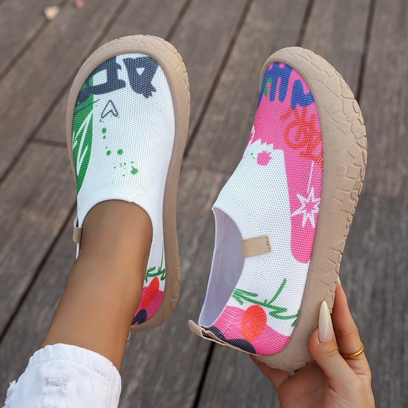 Women's Slip-On Canvas Shoes Casual Graffiti Print Sneakers Breathable Knit Non-Slip Lightweight Walking Shoes