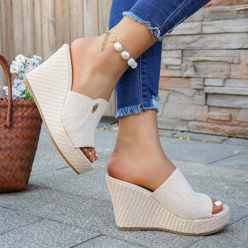 Womens Espadrille Wedge Sandals Open Toe Linen Fabric Platform Slides Slip On High Heel Casual Dress Sandals