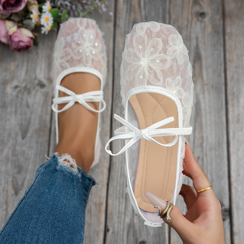 Women's Lace Floral Mesh Everyday Flats – Comfortable Elastic Ankle Strap