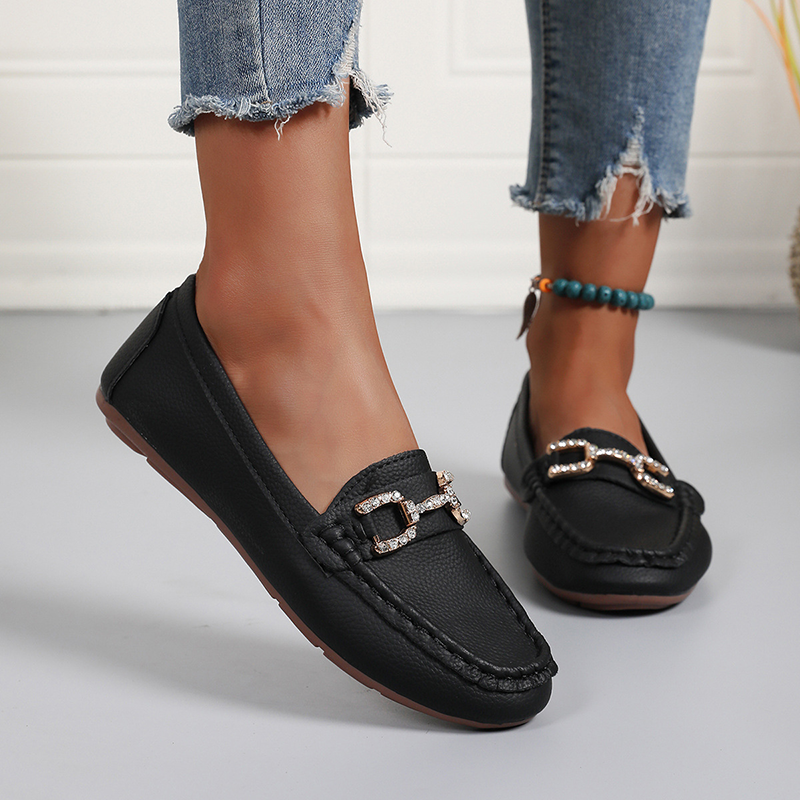 Women's Rhinestone Metal-Buckle Flats – Soft Faux Leather Slip-Ons