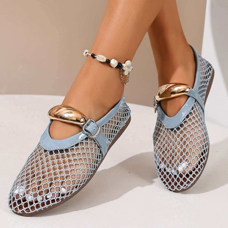 Women's Breathable Mesh Flats – Cut-out Flats with Gold Buckle