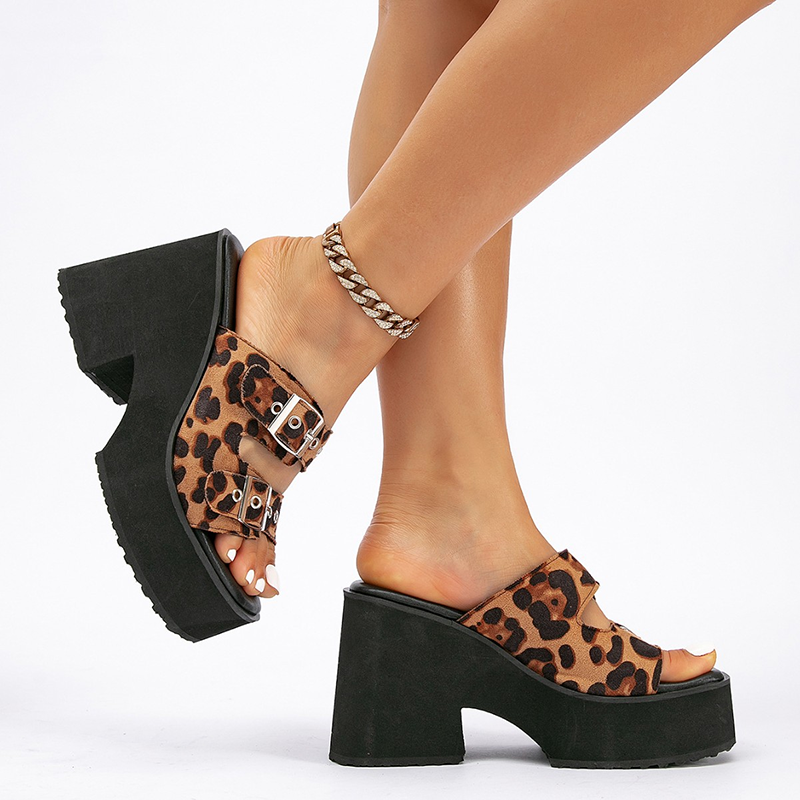 Women’s Open Toe Leopard Print Two Strap Chunky High Heel Platform Mule Sandals