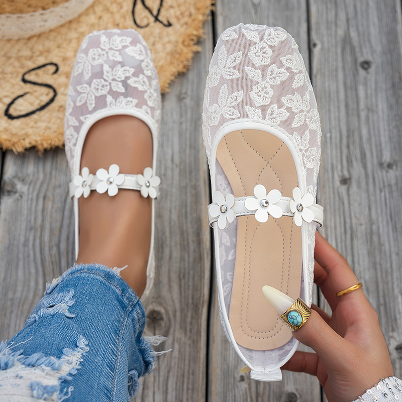 Women's Lace Floral Mesh Everyday Flats – Comfortable Elastic Ankle Strap