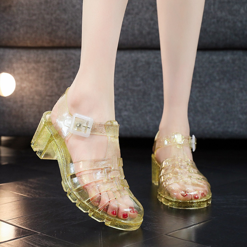 Retro Closed-Toe Woven Jelly Sandals — Adjustable Buckle T-Strap Block Heels
