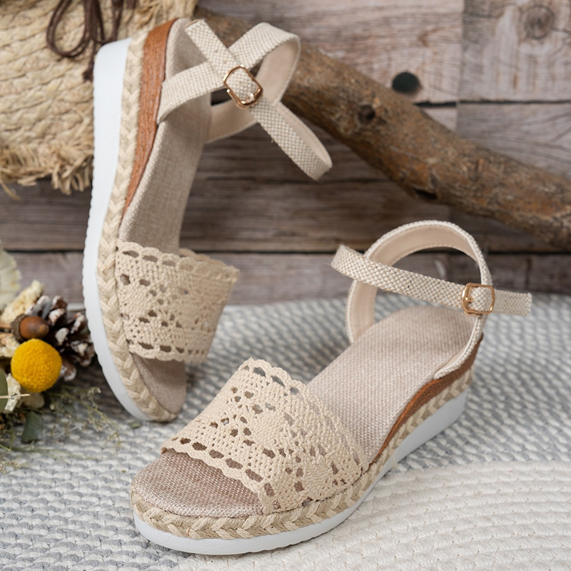 Women's Crochet Lace Espadrille Wedge Sandals - Adjustable Ankle Strap Wedges