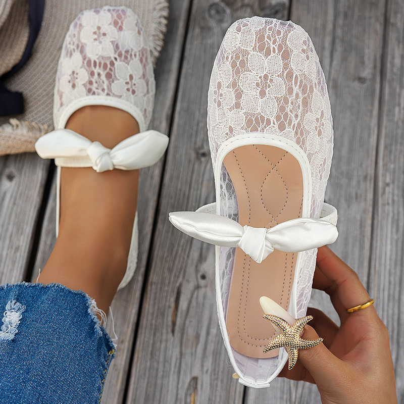 Women's Lace Floral Mesh Everyday Flats – Comfortable Elastic Ankle Strap