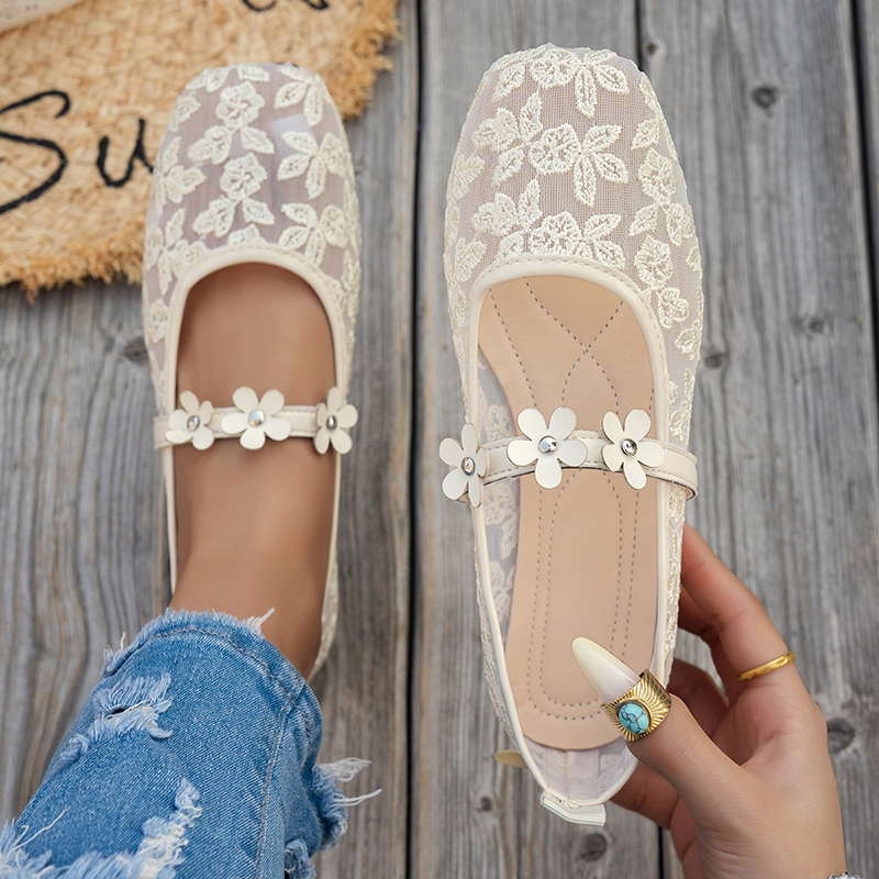 Women's Lace Floral Mesh Everyday Flats – Comfortable Elastic Ankle Strap